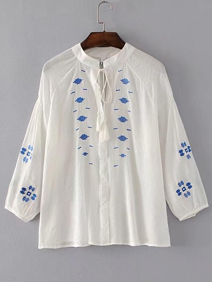 Romwe Tassel Tie Neck Embroidery Blouse