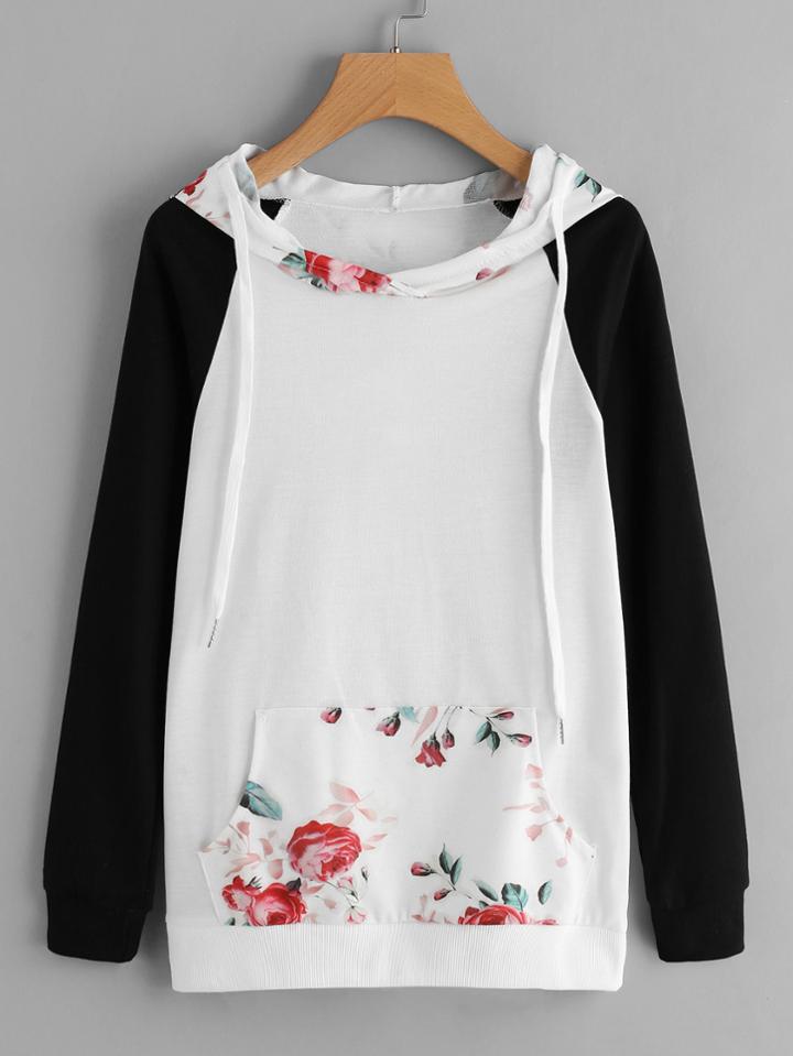 Romwe Contrast Raglan Sleeve Florals Hoodie
