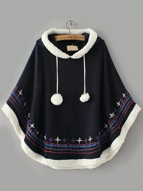 Romwe Hooded Embroidered Embellished Navy Cape Coat