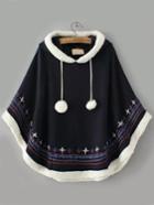 Romwe Hooded Embroidered Embellished Navy Cape Coat