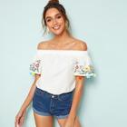Romwe Off Shoulder Pompom Hem Flower Embroidered Top
