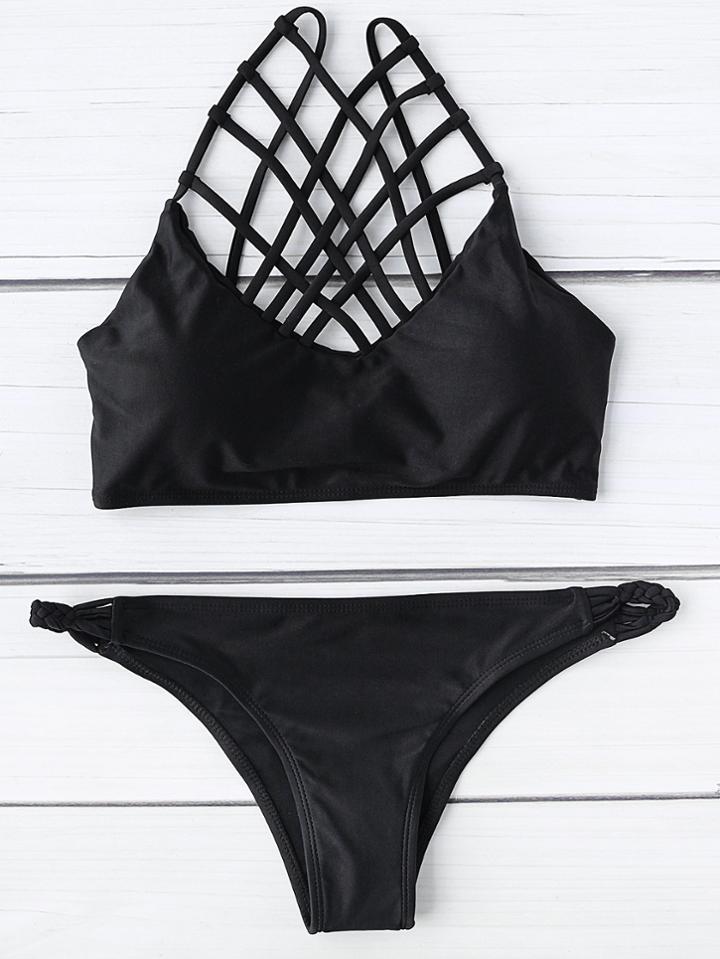 Romwe Black Strappy Design Bikini Set