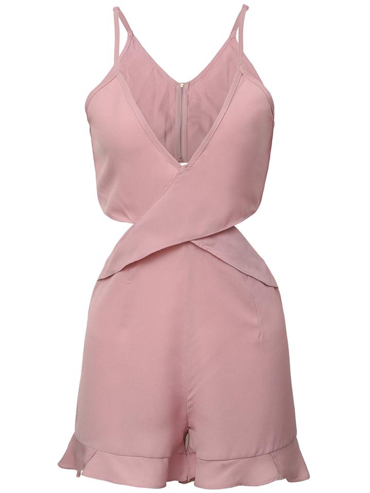 Romwe Pink V Neck Cut Out Jumpsuit