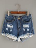 Romwe Blue Ripped Lace Trimmed  Denim Shorts