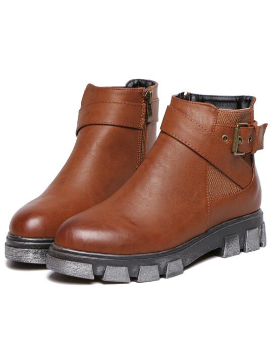 Romwe Brown Round Toe Vintage Buckle Strap Zipper Boots