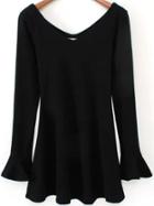 Romwe V Neck Flouncing Black Dress