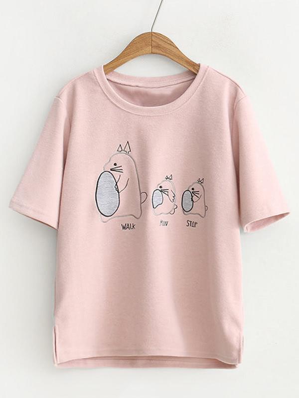 Romwe Cartoon Embroidery Side Slit Tee