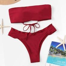 Romwe Lace-up Bandeau Top With Frill Trim Bikini Set