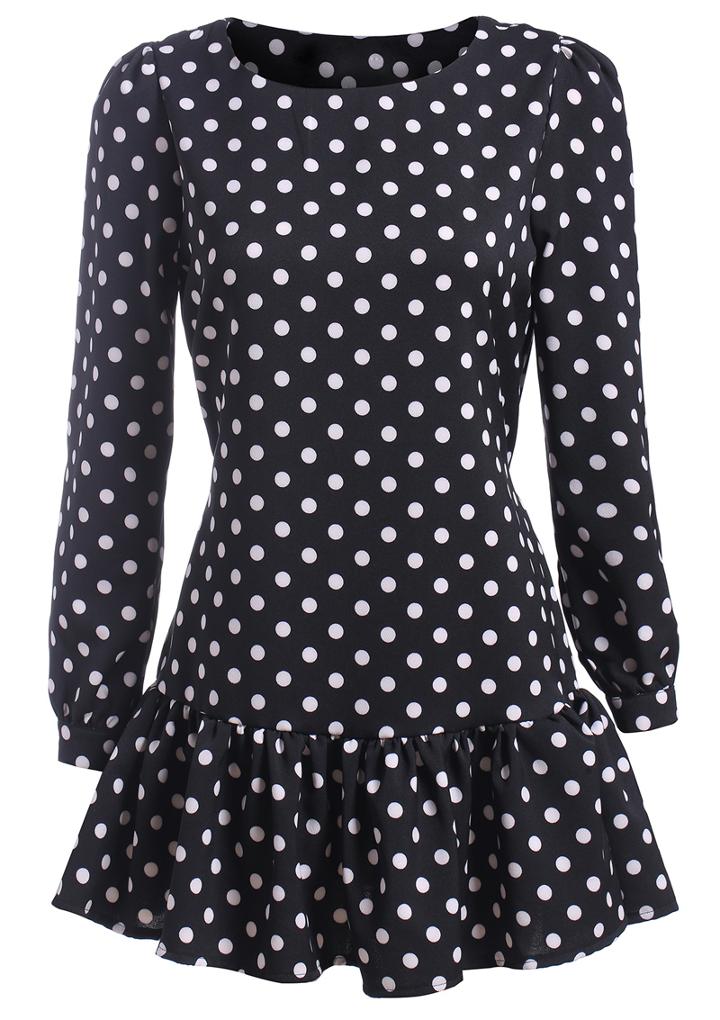 Romwe Polka Dot Peplum Hem Black Dress