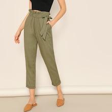 Romwe Paperbag Waist Knot Detail Rolled Hem Pants