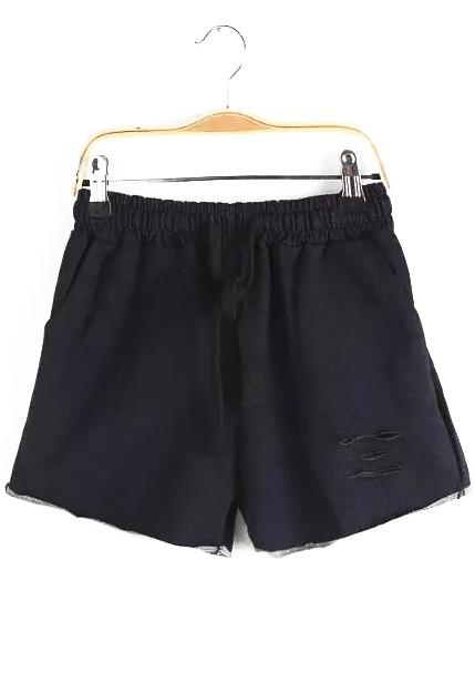 Romwe Drawstring Cut Out Denim Purple Shorts