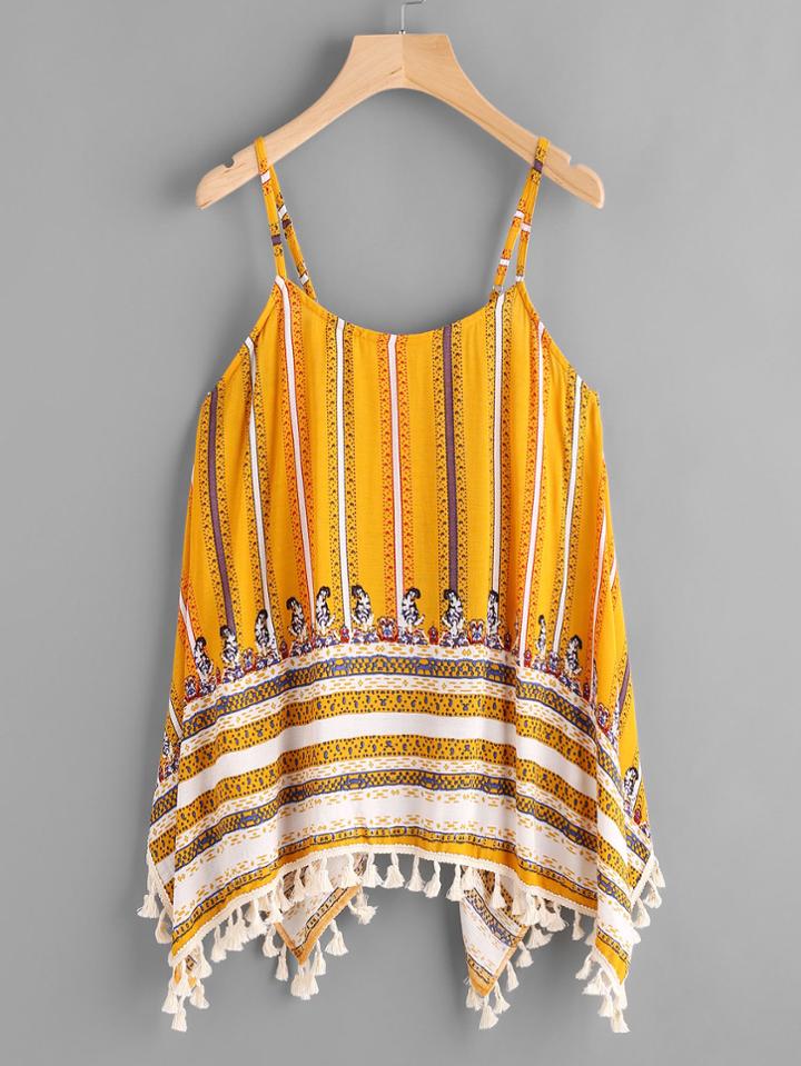Romwe Tribal Print Tassel Hanky Hem Cami Top