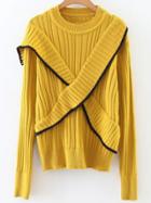 Romwe Yellow Ribbed Cross Ruffle Sweater
