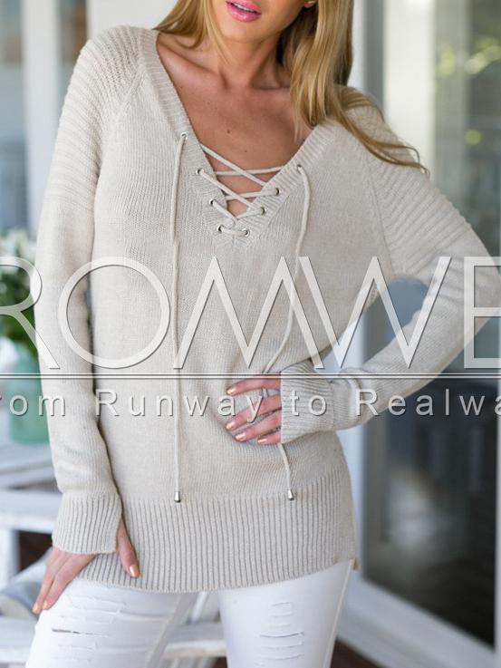 Romwe Beige Long Sleeve Lace Up Sweater