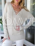 Romwe Beige Long Sleeve Lace Up Sweater