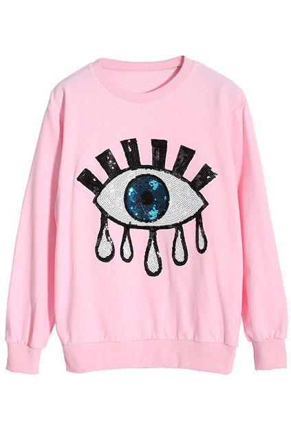 Romwe Sequin Eye Stitching Pink Sweatshirt