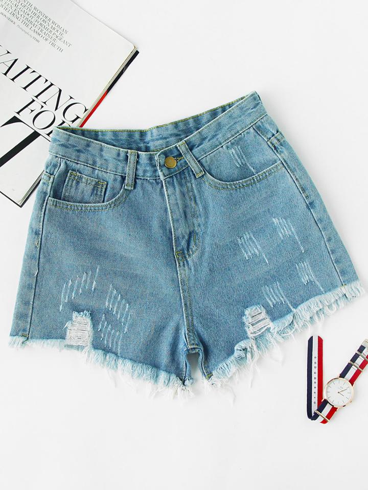 Romwe Destroyed Frayed Hem Denim Shorts