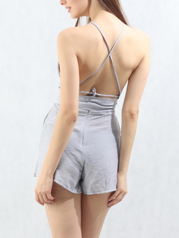 Romwe Twist Front Criss Cross Backless Knot Waist Romper