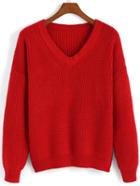 Romwe V Neck Loose Red Sweater