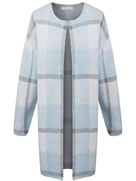 Romwe Crew Neck Plaid Long Coat Sweater