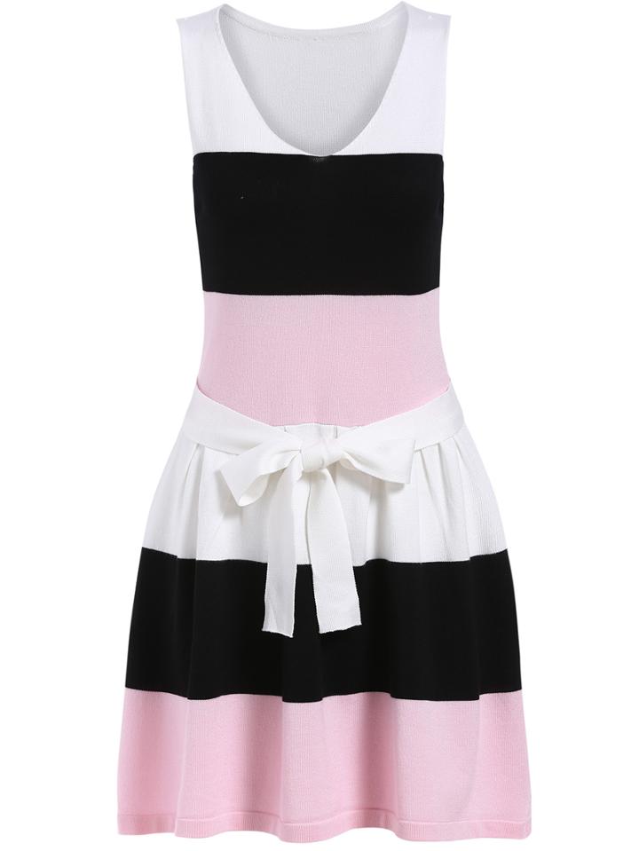 Romwe Colour-block V Neck Tie-waist Dress