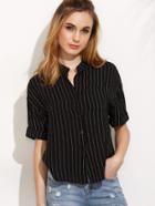 Romwe Black Vertical Striped Band Collar Blouse