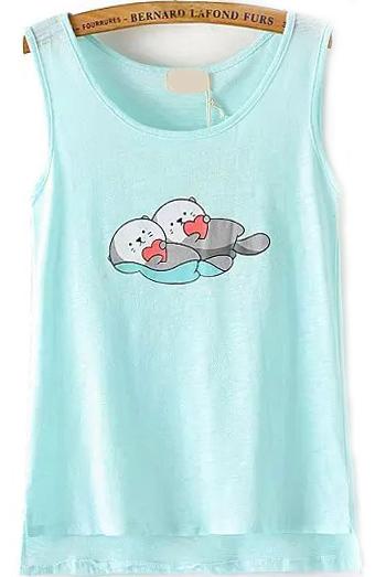 Romwe Dip Hem Beavers Print Pale Blue Tank Top