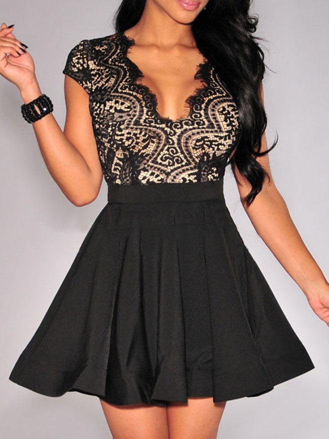 Romwe Black Deep V Neck Lace Flare Dress