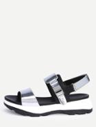 Romwe Faux Patent Leather Wide Strap Flatform Sandals - Silver