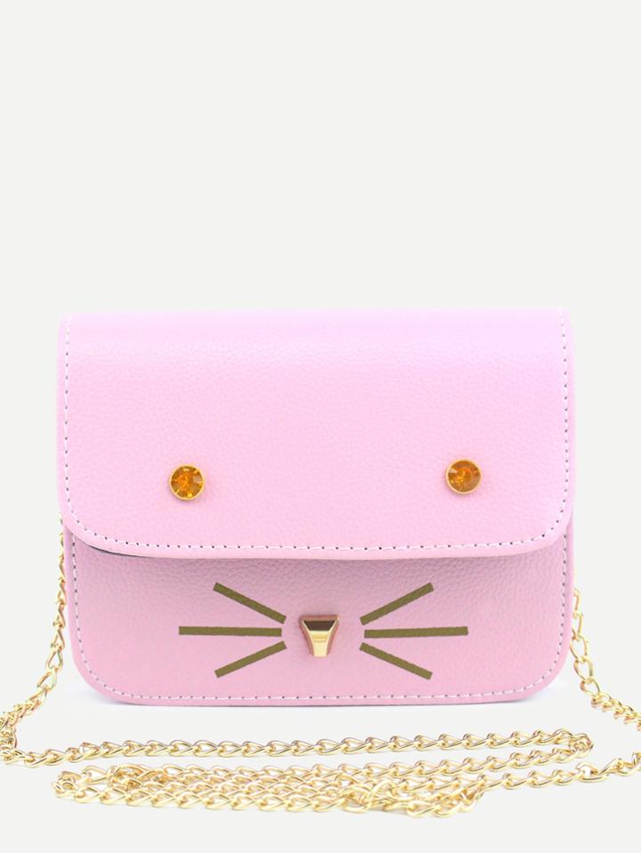 Romwe Rose Pink Cat Design Pu Flap Chain Bag