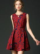 Romwe Red Round Neck Sleeveless Jacquard Dress