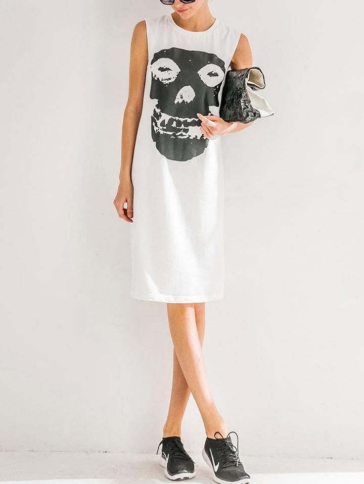 Romwe Skull Print Casual White Tshirt Dress