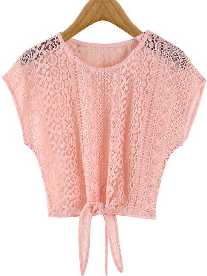 Romwe Lace Crochet Knotted Crop Pink Top