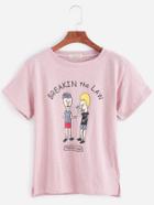 Romwe Pink Cartoon Print Split Side T-shirt