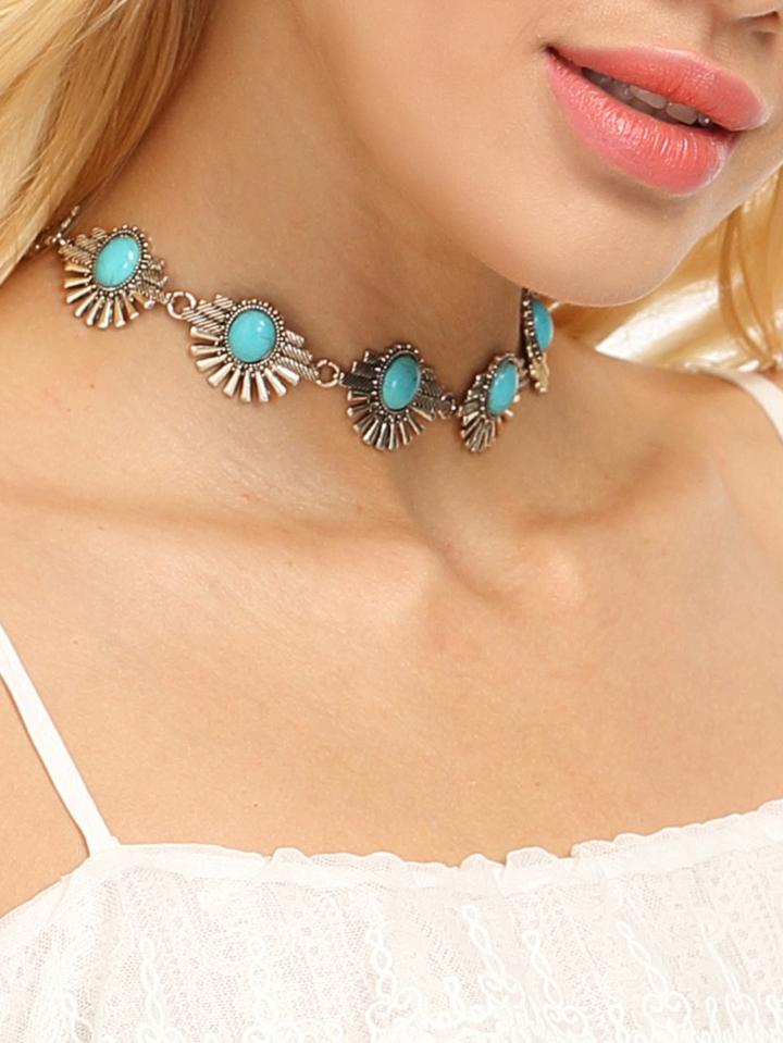 Romwe Antique Silver Boho Turquoise Choker