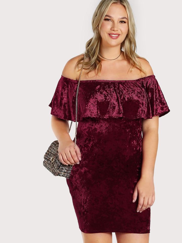 Romwe Crushed Velvet Off Shoulder Flounce Dress