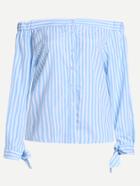 Romwe Blue Vertical Striped Off The Shoulder Tie Sleeve Blouse