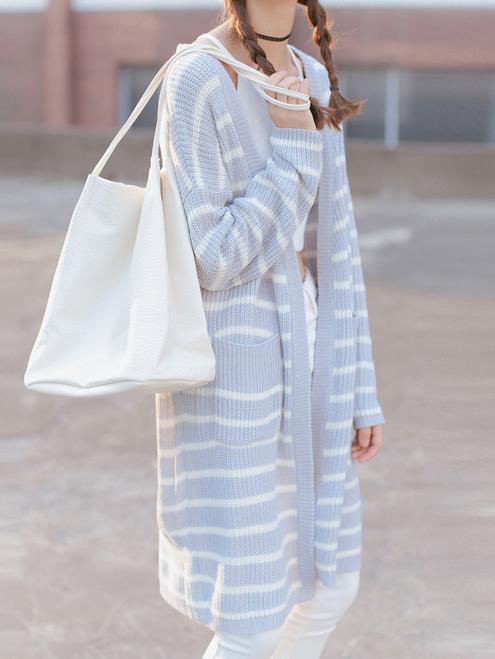 Romwe Long Sleeve Striped Pockets Coat