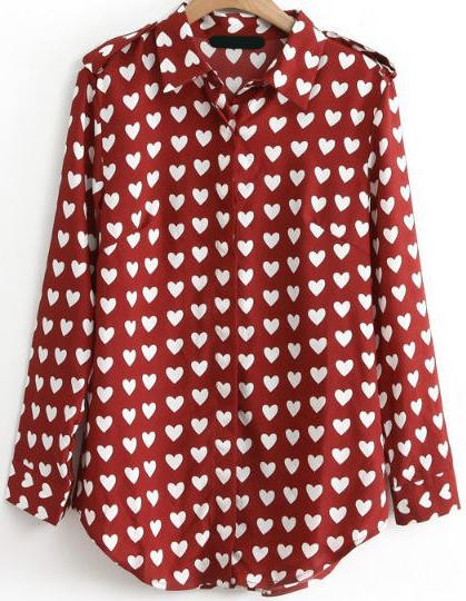 Romwe Hearts Print Epaulet Red Blouse
