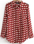 Romwe Hearts Print Epaulet Red Blouse