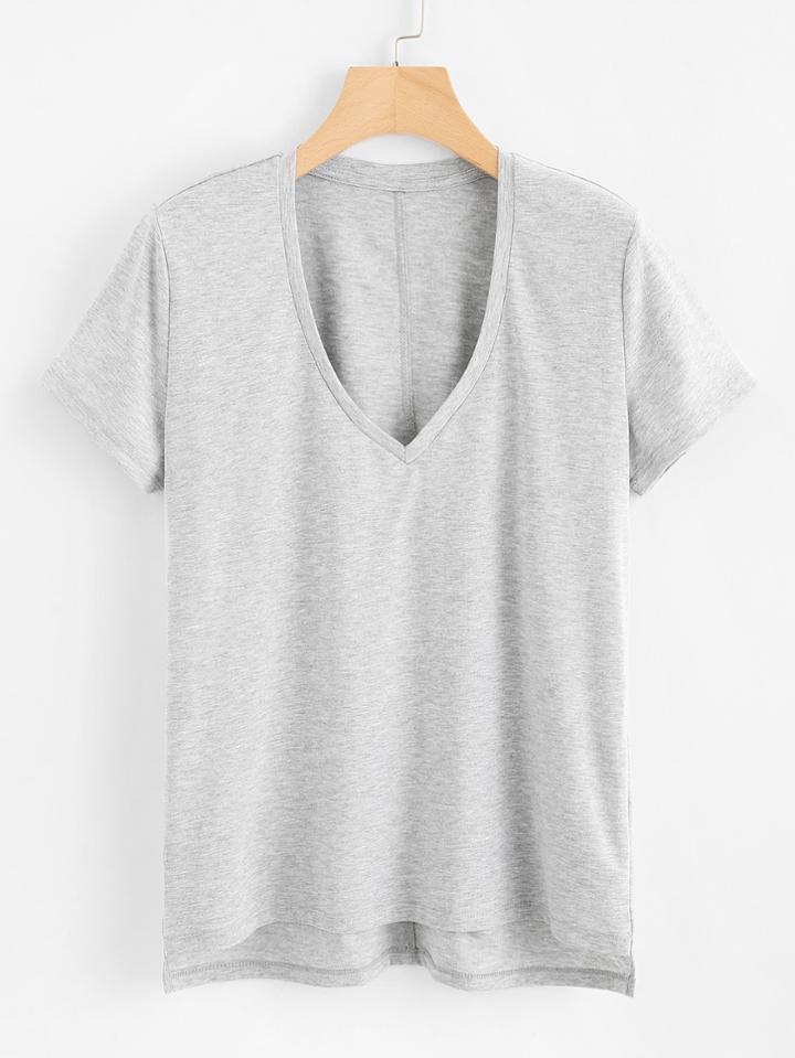 Romwe Deep V Neckline Dip Hem Tee