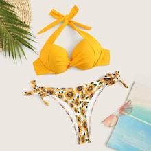 Romwe Twist Halter Top With Random Sunflower Tie Side Bikini