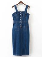 Romwe Strap Denim Sheath Dress With Pockets