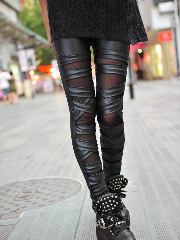 Romwe Cross Double Layers Pu Leggings