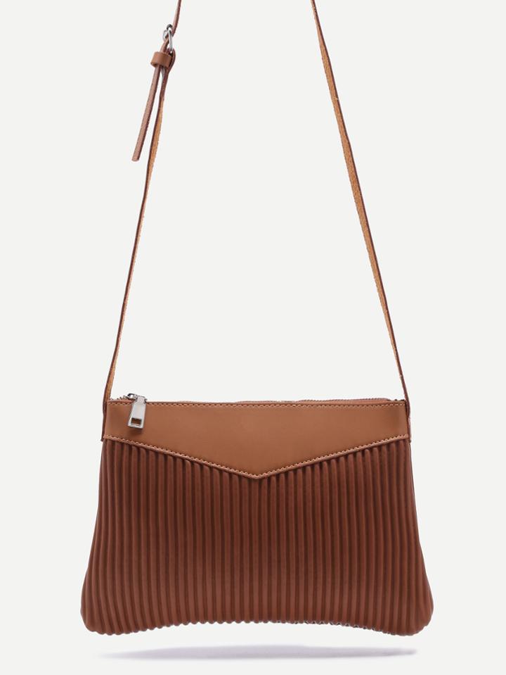 Romwe Brown Ribbed Pu Zip Closure Crossbody Bag