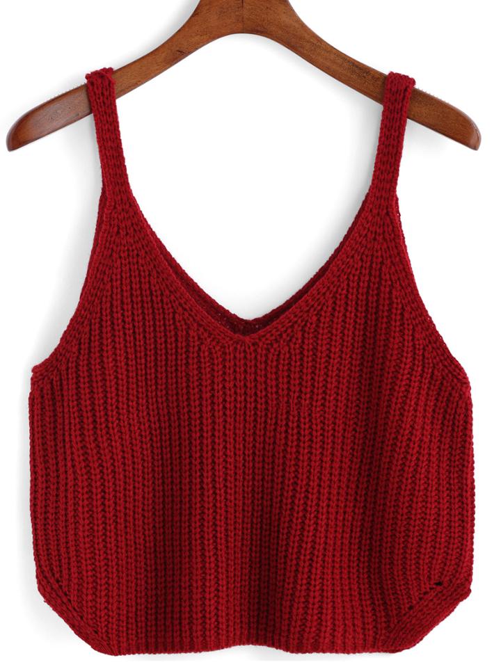 Romwe V Neck Knit Red Cami Top