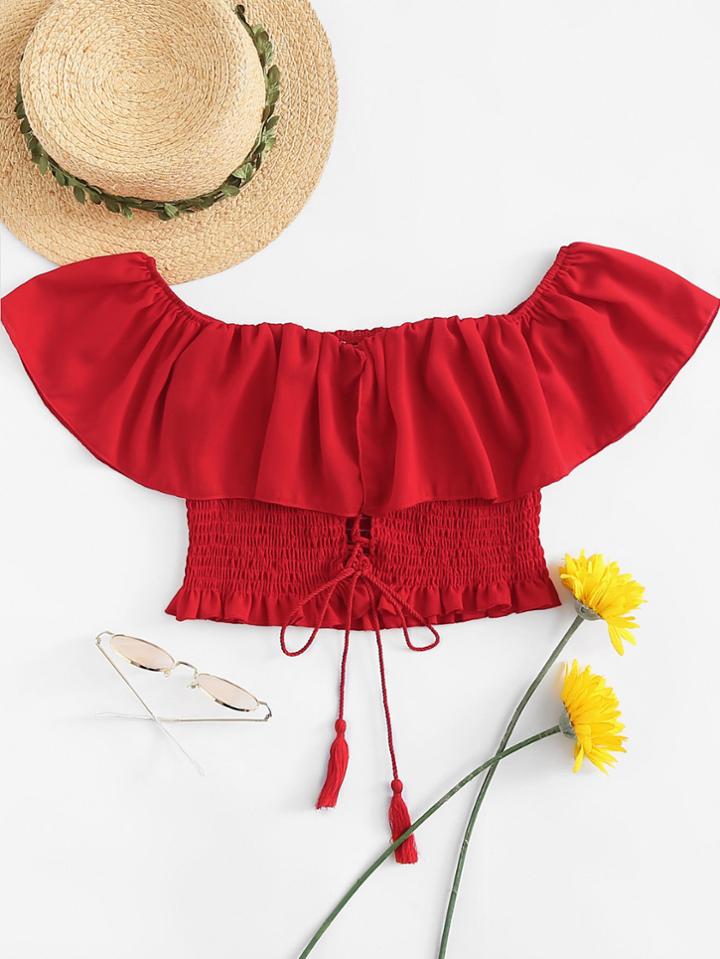 Romwe Ruffle Trim Pleated Knot Top