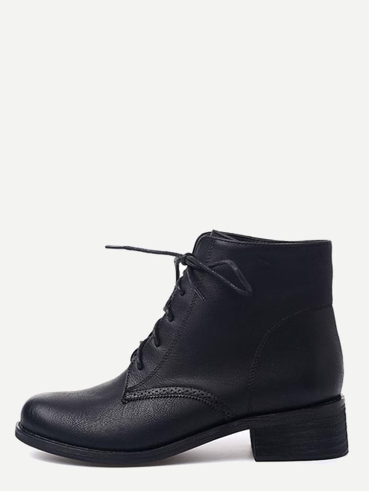 Romwe Black Distressed Pu Lace Up Chunky Booties