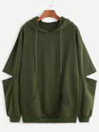 Romwe Army Green Drop Shoulder Elbow Cutout Hooded Pocket Sweatshirt