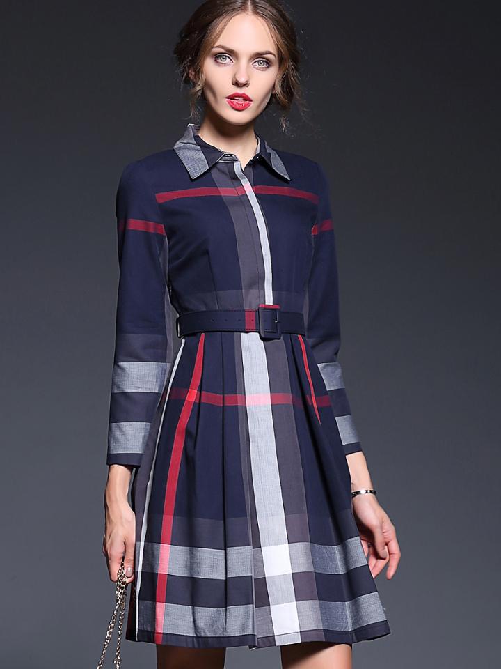 Romwe Navy Lapel Long Sleeve Drawstring Dress